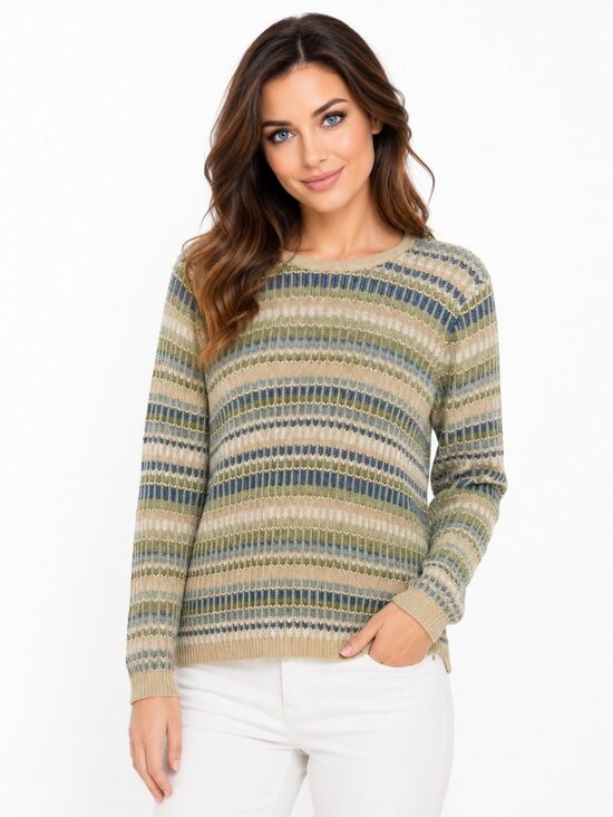 Alfred Dunner Sweaters - Alfred Dunner Sweater Womens PM  Biege Striped Flowy Retro Chic Coastal Basic